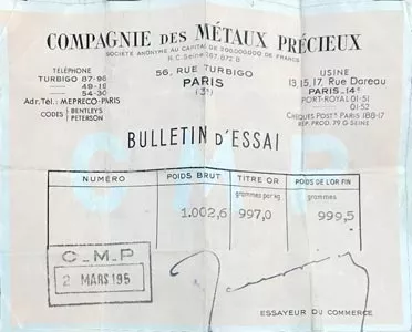 Bulletin d'Essai Compagnie Des Métaux Précieux